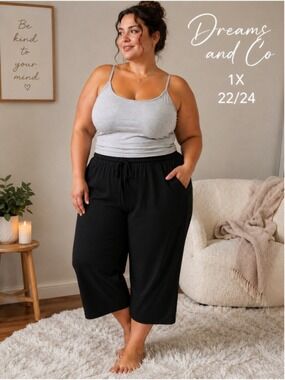 Dreams & Co 1X 22/24 Solid Black Lounge Capri Pajama Pant Plus Size